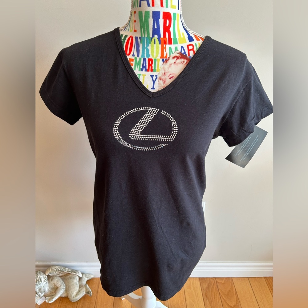 Lexus NWT Black V-Neck T-Shirt with Rhinestone Logo